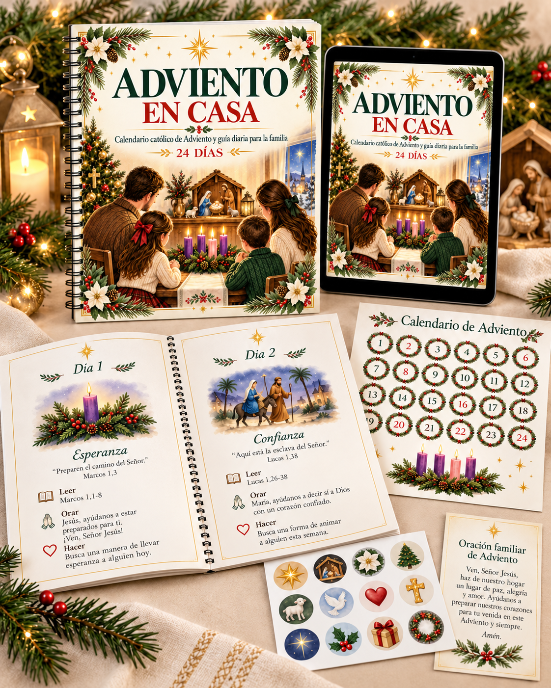 Páginas interiores: día 1 y día 2, calendario de Adviento, adhesivos y oración familiar